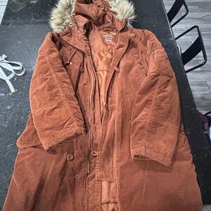 American Eagle Outfitters Rust Corduroy Ski Jacket with Fur Hood